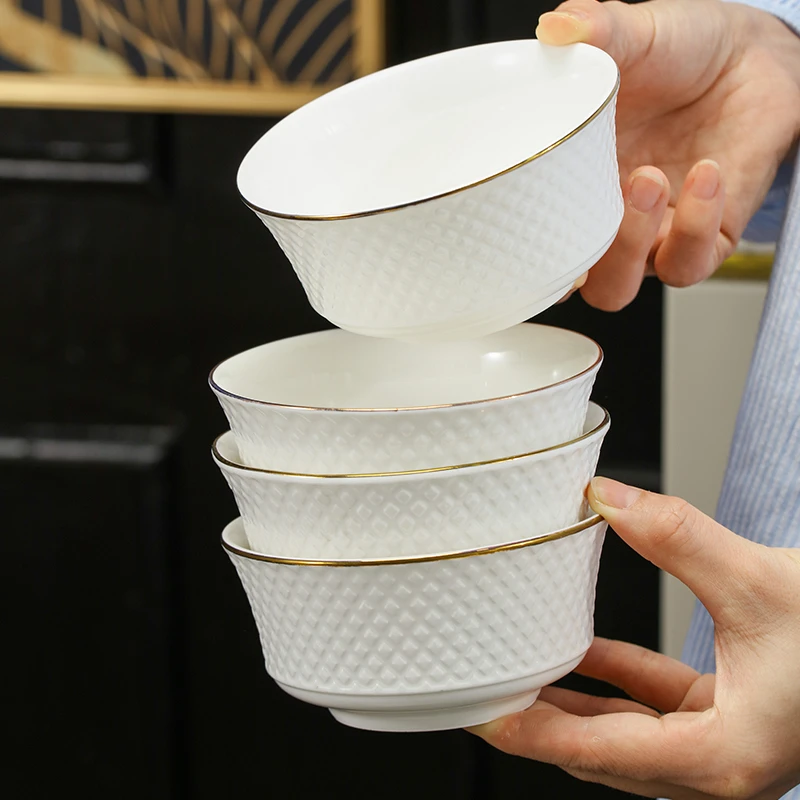 轻奢陶瓷米饭碗家用餐具大号高档金边吃饭碗纯白描金简约防烫碗具