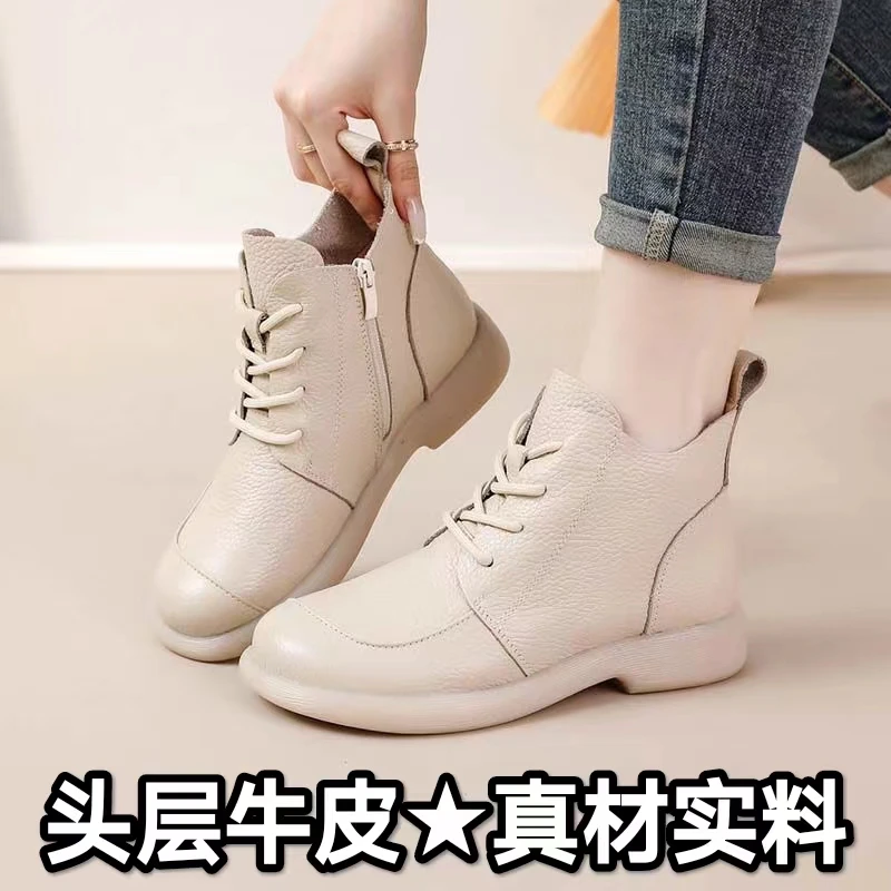 【头层牛皮】真皮马丁靴牛皮复古短靴女平底时尚中跟皮靴防滑妈妈鞋