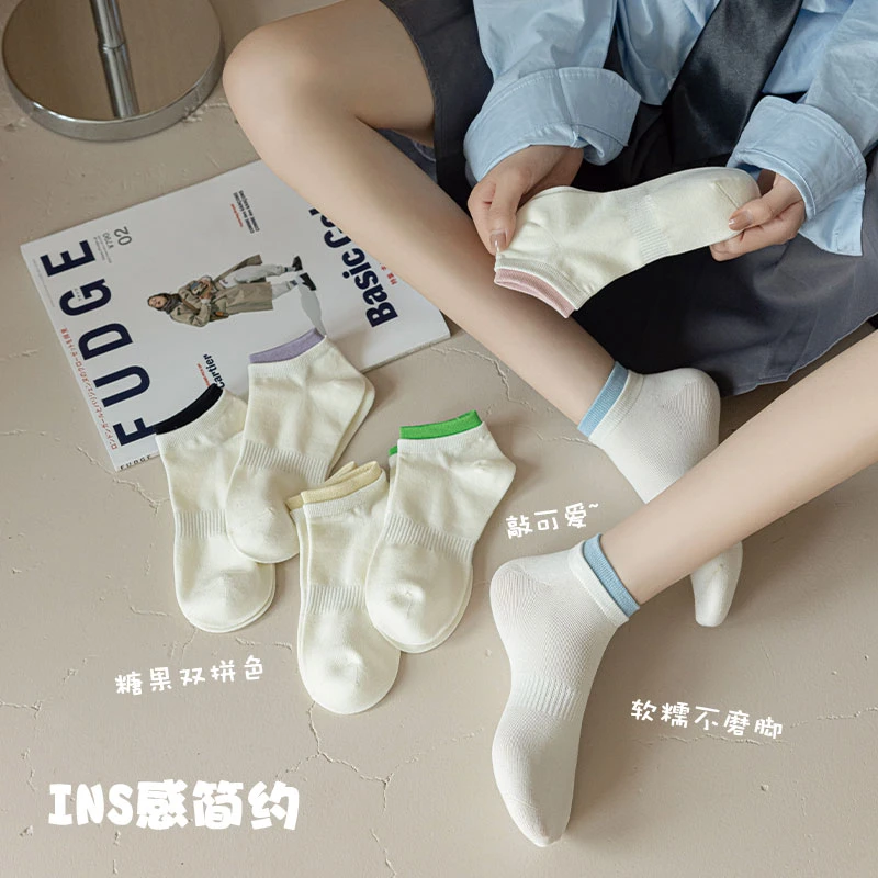 袜子女船袜春夏季薄款ins潮棉浅口双层袜口可爱撞色夏天隐形短袜