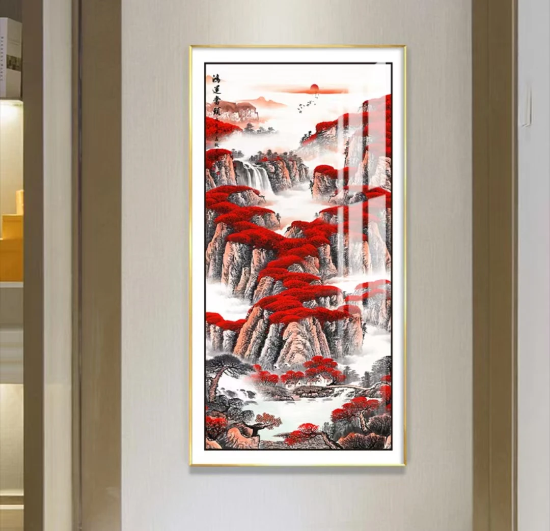 新中式鸿运当头山水画入户玄关背景墙轻奢大气装饰挂画镶钻