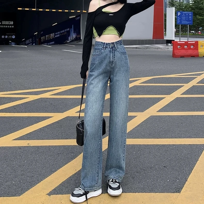 复古蓝阔腿牛仔裤女早秋2024新款小个子显瘦宽松垂顺直筒拖地裤潮