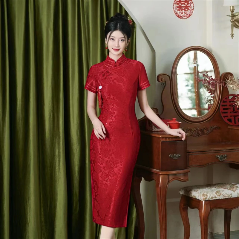 锦汐-2024夏季新款喜庆洋气三边长款气质修身旗袍-长款玫瑰花旗袍