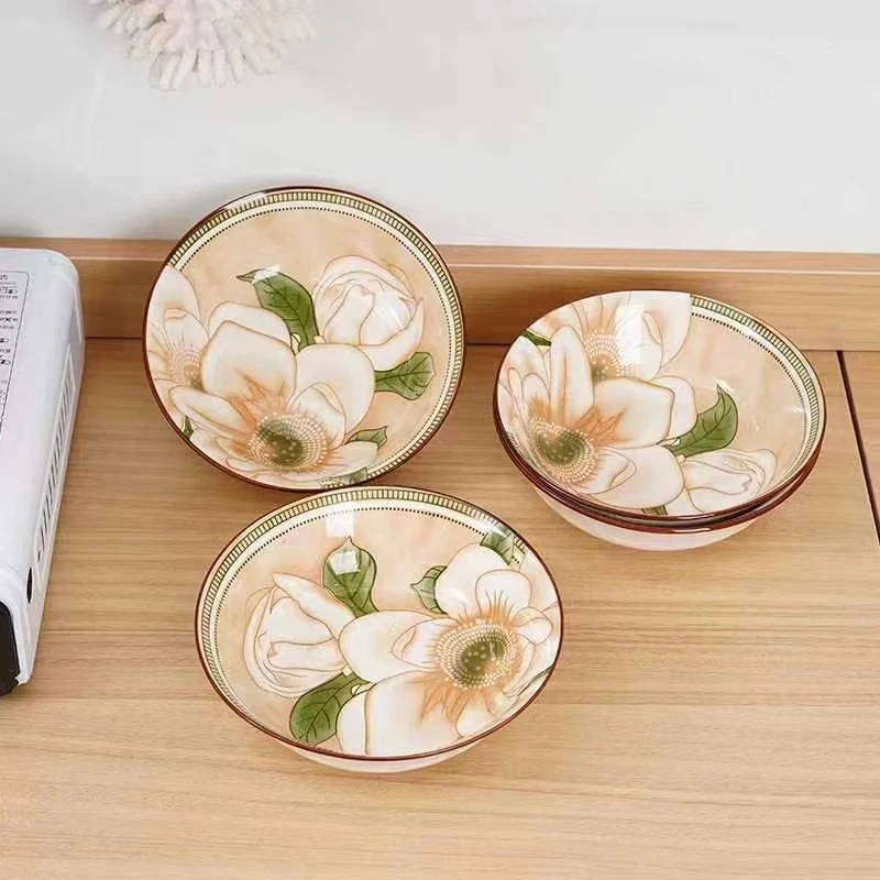 【粉丝福利】复古家用陶瓷山茶花7英寸航空碗4个装釉下彩陶瓷餐具