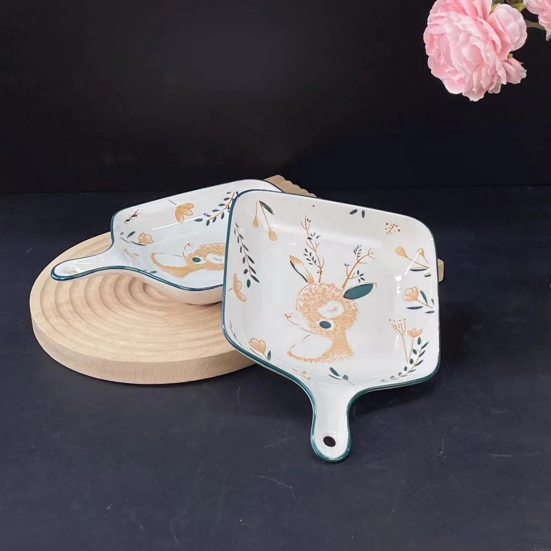 小鹿2个装手柄盘家用陶瓷