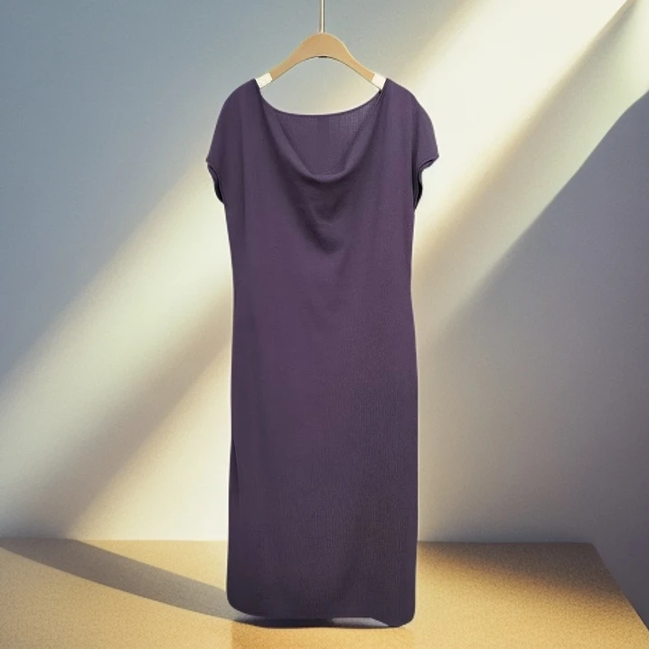 2024夏季女韩版简约纯色褶皱低领短袖修身弹力舒适连衣裙0019