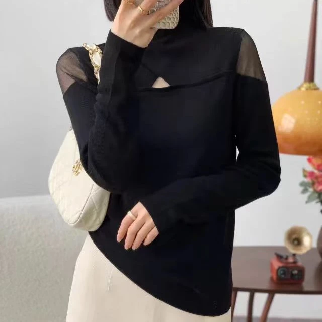 2024秋新款时尚薄款修身内搭半高领打底镂空针织衫上衣9237