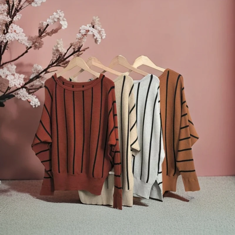 外单秋冬款时尚圆领竖条纹针织T恤显瘦叠穿打底衫内搭8397