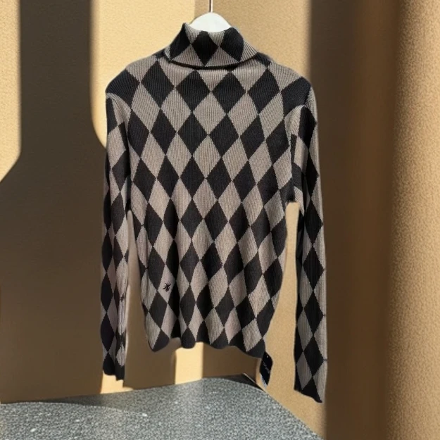 2024秋冬季新款韩版半高领格子拼色宽松长袖针织衫毛衣女C8326