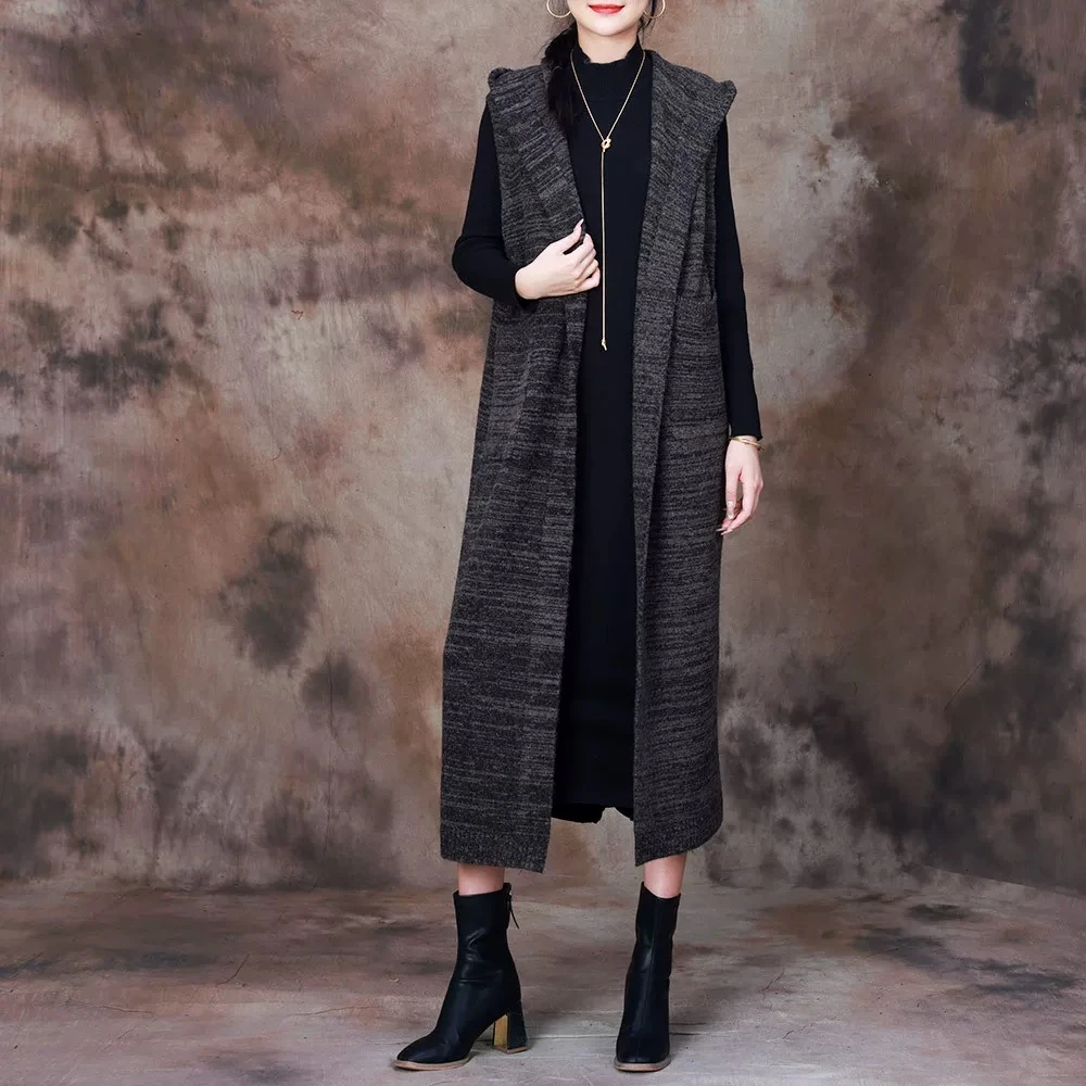 2024秋季针织衫条纹连帽长款马甲外套休闲过膝百搭马夹外搭女8322