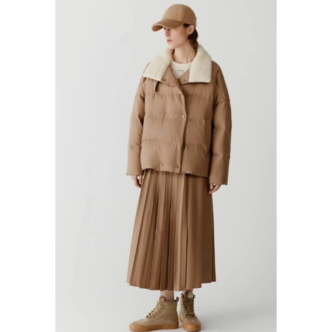 JUNJJ【围炉煮雪】鹅绒服立领拼接毛领人字纹双排扣女装羽绒服