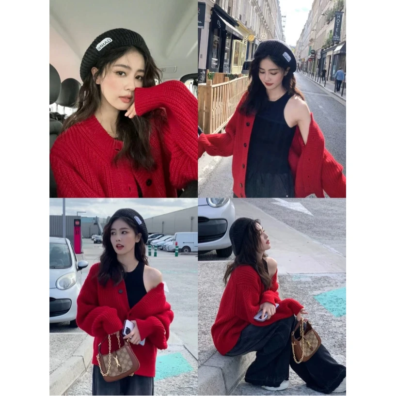 JUNJJ【新年快乐】100纯羊毛白鹿同款红色女针织开衫粗针慵懒风毛衣