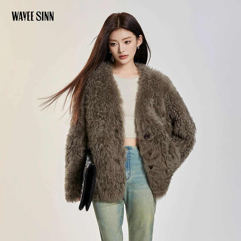 Wayee Sinn罗马假日 进口托斯卡纳皮毛一体外套女长款圆领托卡冬