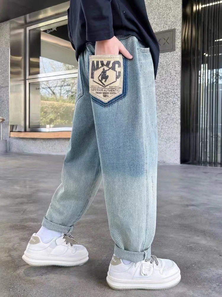 【米七】儿童裤子春秋款2024新款中大通宽松男孩直筒儿童浅色牛仔裤