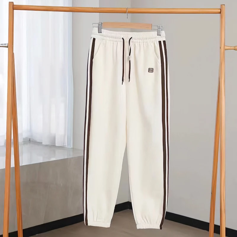 【二条装秋款】欧棉绒时尚韩版条纹撞色拼接宽松休闲百搭运动卫裤