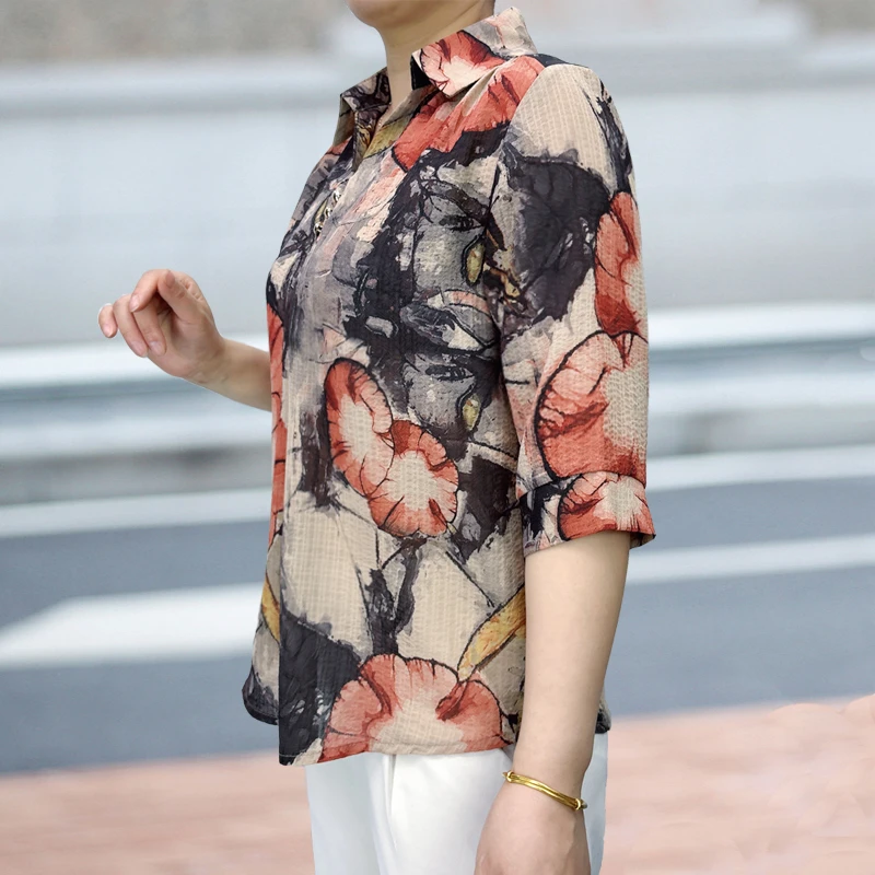 薄款七分袖衬衫女宽松妈妈装夏季透气显瘦百搭衬衣中袖中老年女装