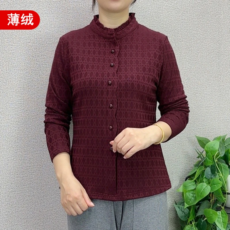 秋冬季妈妈装长袖t恤套荷叶领洋气提花小衫中老年女装打底上衣