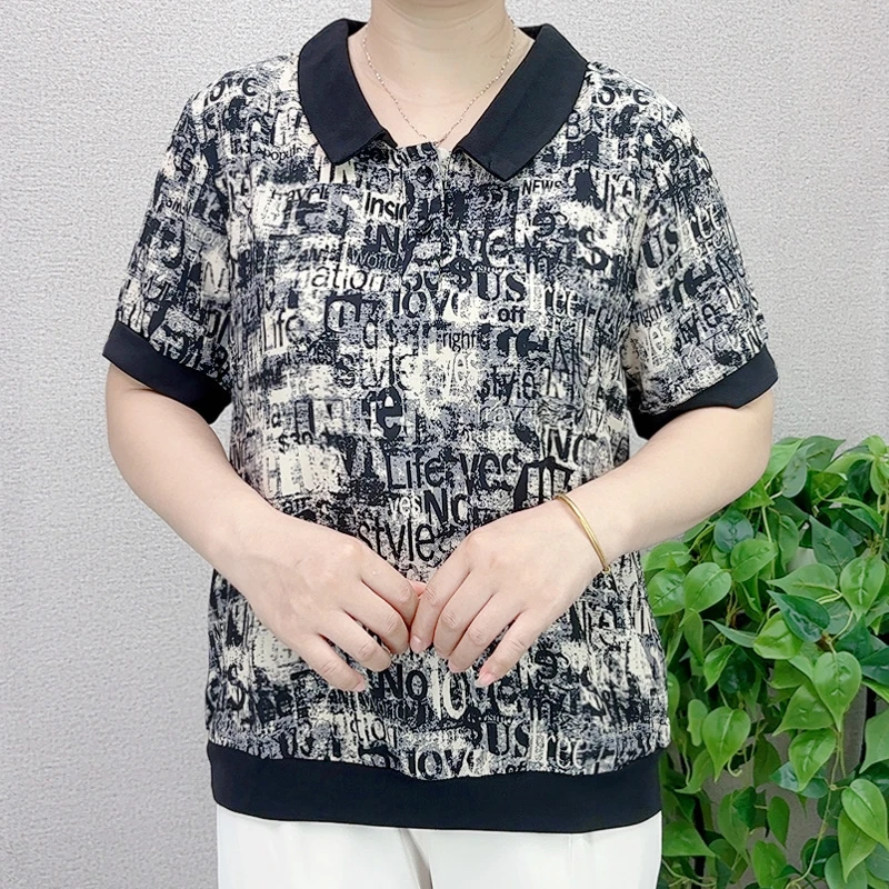 夏季妈妈装短袖T恤翻领宽松遮肉款中老年薄款夏装百搭小衫