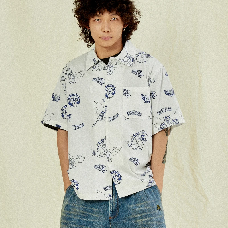 吉考斯工业 时代绘系列 怪兽印花美式动画风复古休闲全棉短袖衬衫