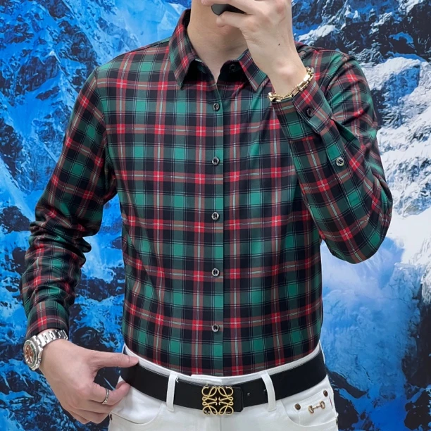 高品质2024秋冬新款男士商务休闲格子长袖衬衫