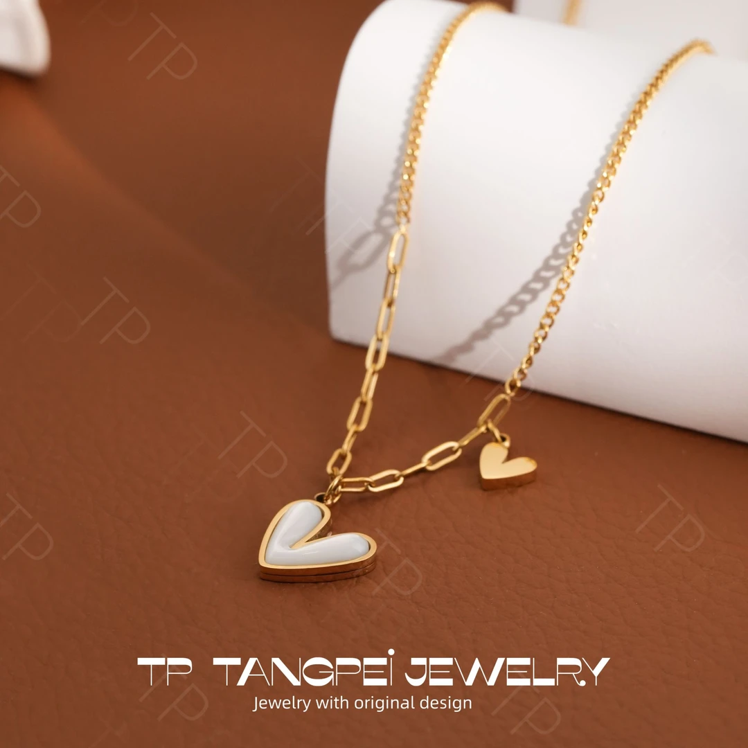 不锈钢项链 气质双吊坠爱心项链拼接链条法式简约小清新时尚饰品