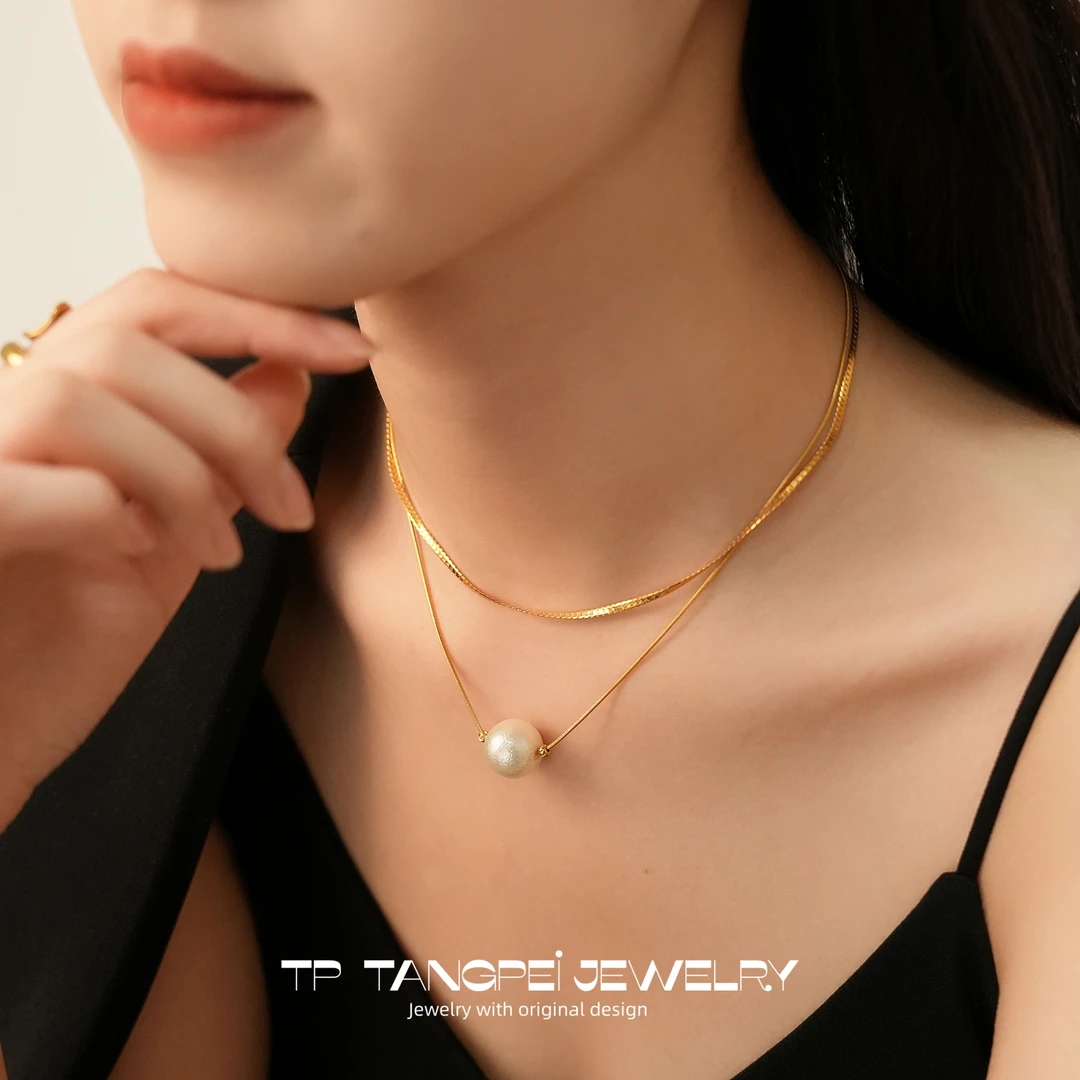 不锈钢项链 LC气质大颗珠珠叠戴项链双层设计感小众气质时尚饰品