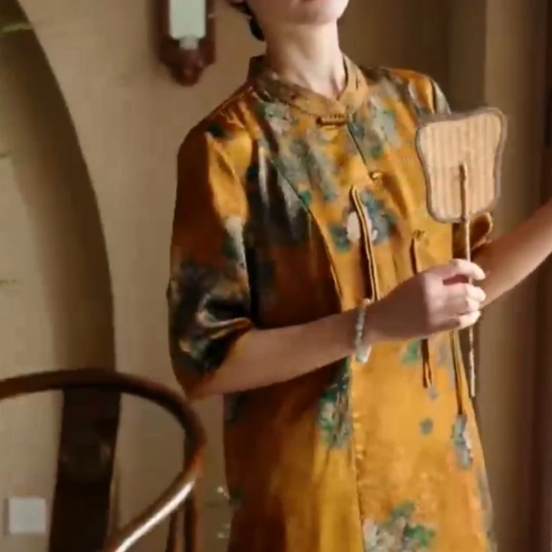 2024夏季新款重磅国风式贵气时尚立领五分袖提花中长款女装连衣裙