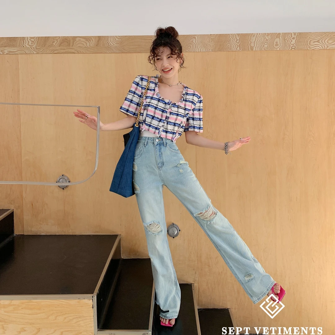 【04】春夏百搭高腰显瘦磨破时尚感微喇牛仔长裤