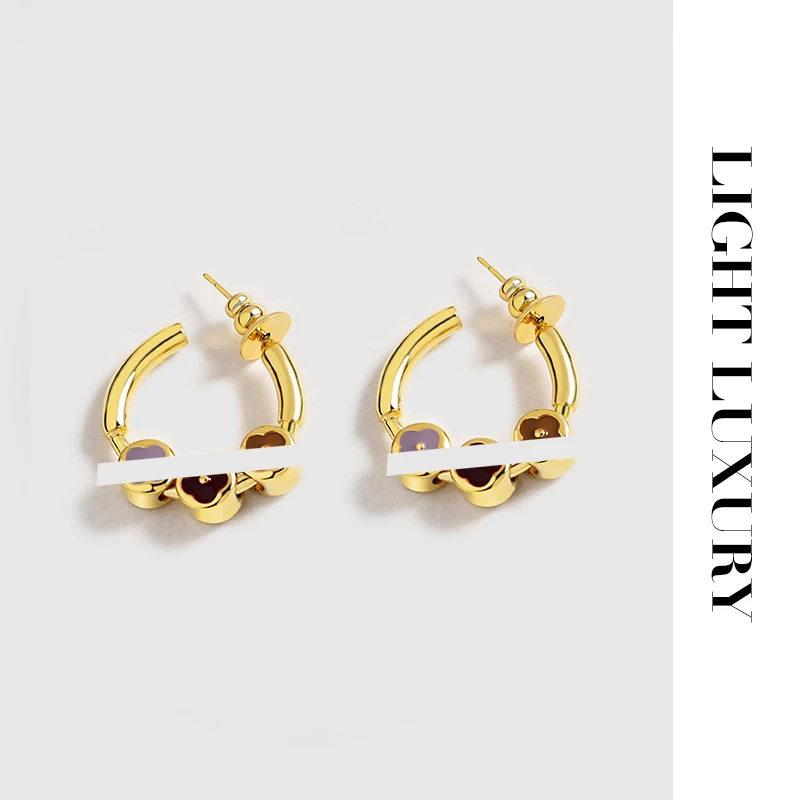 0473354十字吕花耳钉耳圈气质 美拉德色系