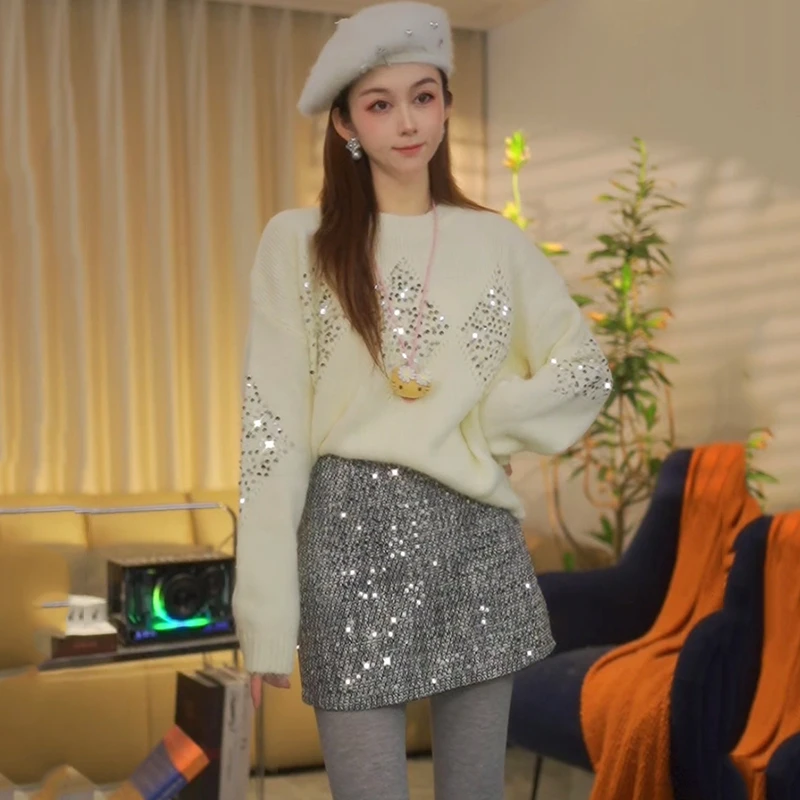 羊毛秋冬镂空菱形重工亮片针织衫女新款慵懒风气质宽松软糯毛衣女