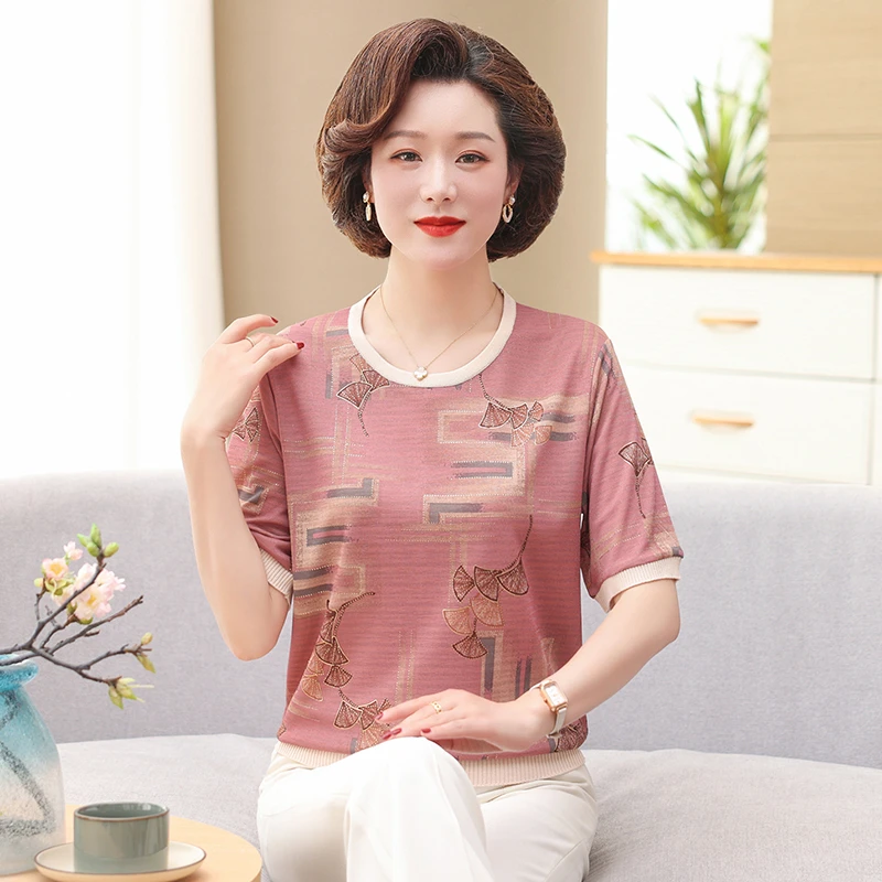 妈妈夏装冰丝短袖宽松上衣50岁洋气圆领印花小衫中老年女薄款T恤