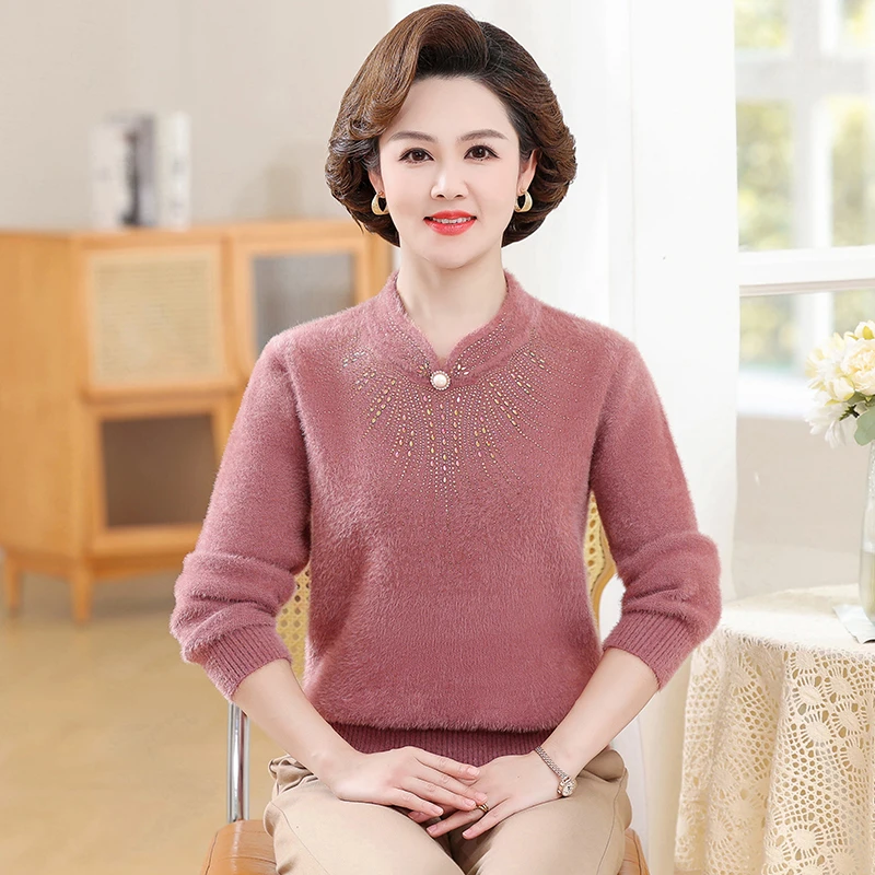 妈妈装秋冬水貂绒毛衣2022新款50岁中老年女加绒打底小衫保暖内搭