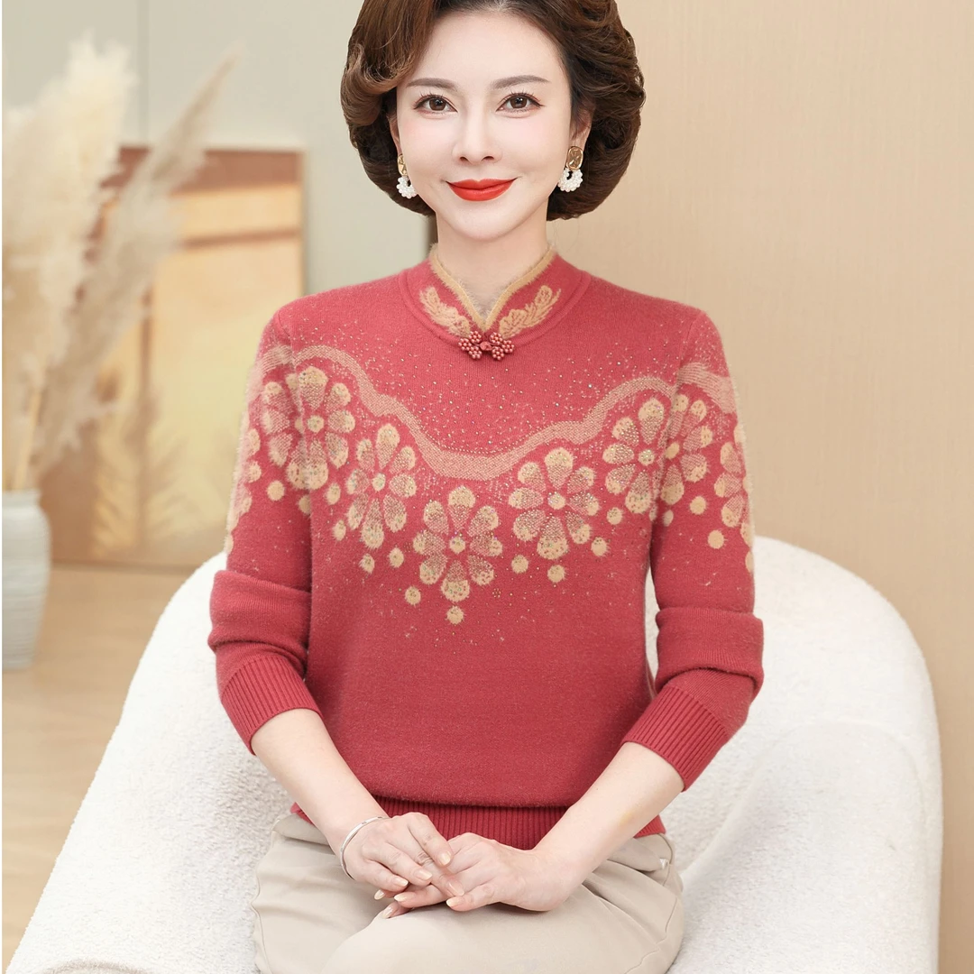 妈妈洋气半高领毛衣中年女装秋冬装新款上衣中老年加绒加厚打底衫
