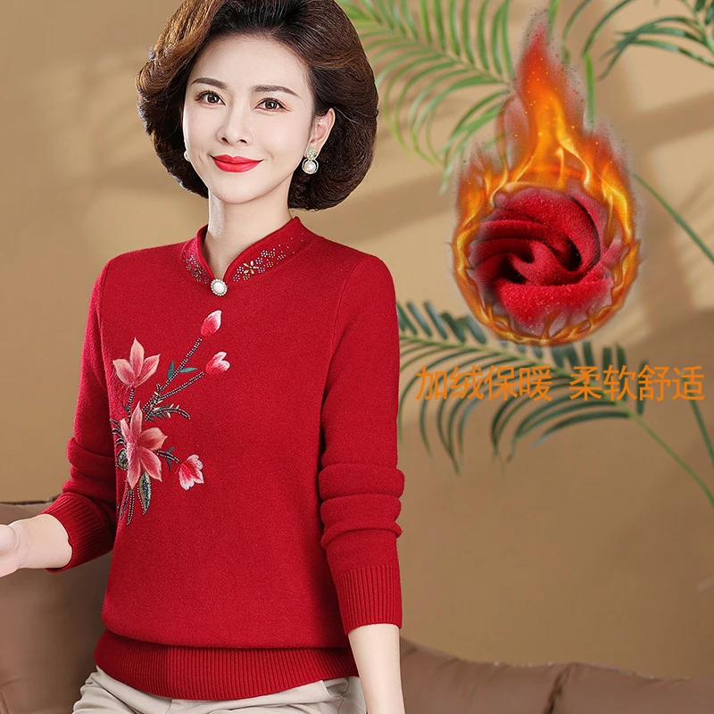 妈妈冬装新款针织加绒加厚上衣时尚内搭中老年人女秋冬一体绒毛衣