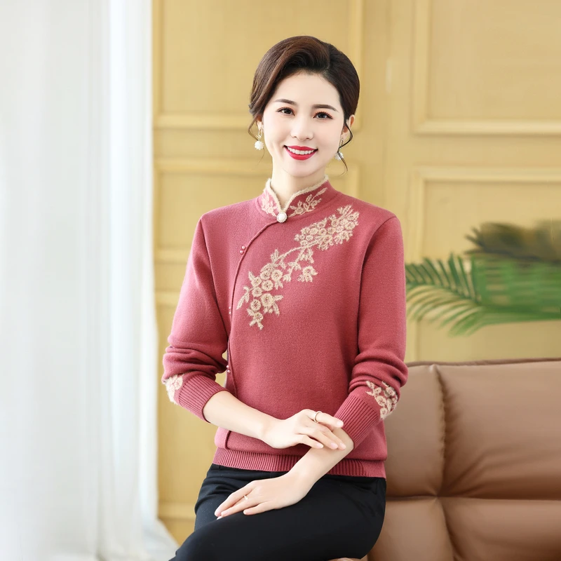 妈妈冬装加绒加厚毛衣40岁50中年妇女半高领内搭保暖一体绒打底衫