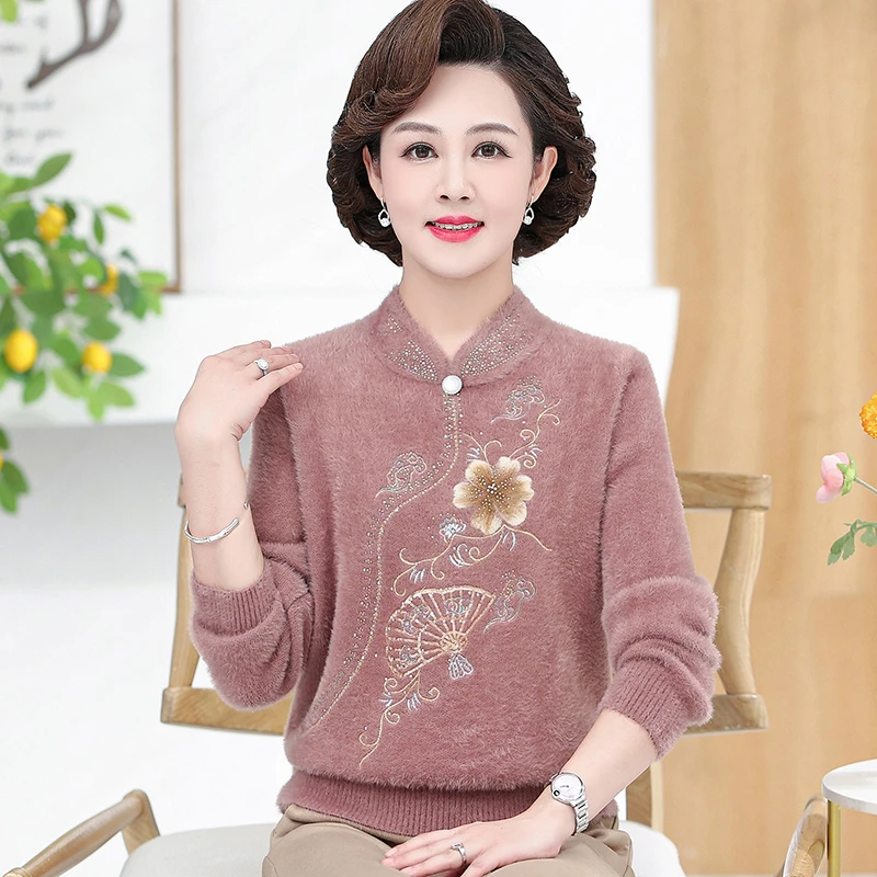 中年妈妈冬装毛衣洋气水貂绒上衣中老年女秋冬新款保暖针织打底衫