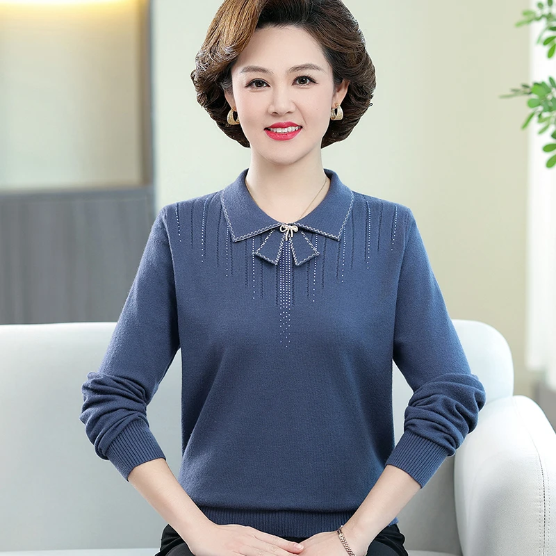 五十岁妈妈春装翻领毛衣洋气中老年女带领秋衣外穿针织短款打底衫