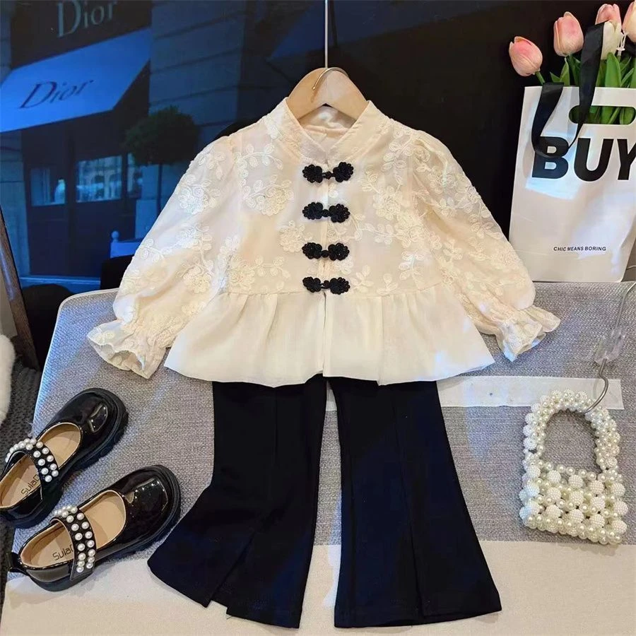 巴拉拉吧美拉德潮流公主风女童秋装中国风盘扣刺绣上衣秋款喇叭裤