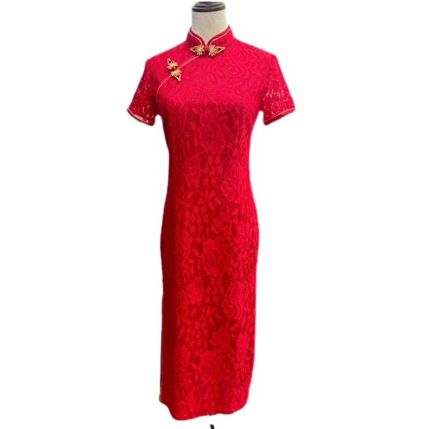 2024新款红色旗袍新中式回娘家蕾丝气质婆婆装