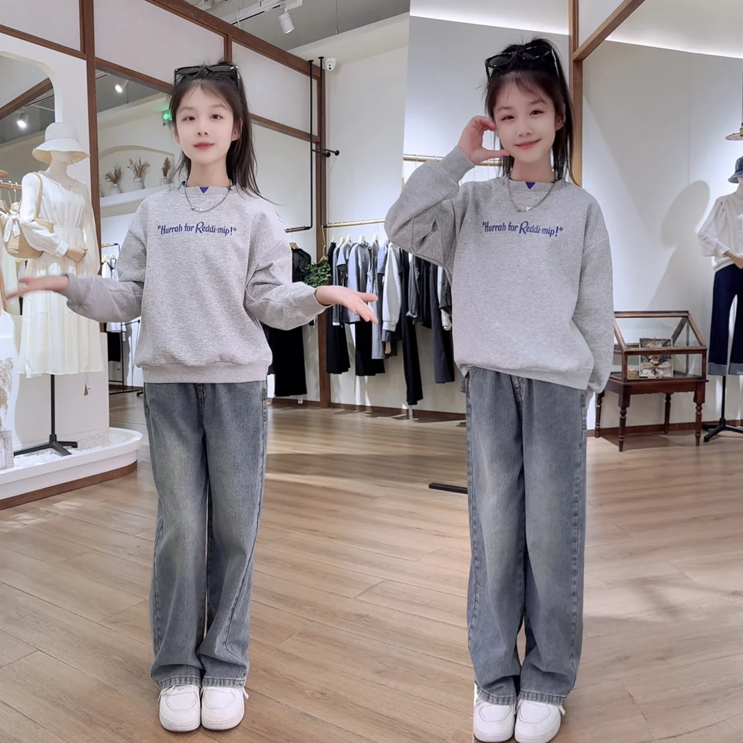 女童秋冬运动套装加绒时尚儿童秋装洋气中大童宽松卫衣两件牛仔裤