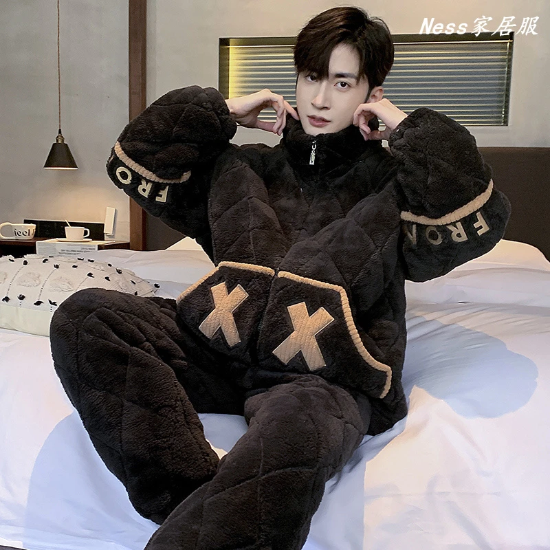 新款拉链保暖加厚三层夹棉珊瑚绒睡衣男士冬季加绒家居服套装外穿