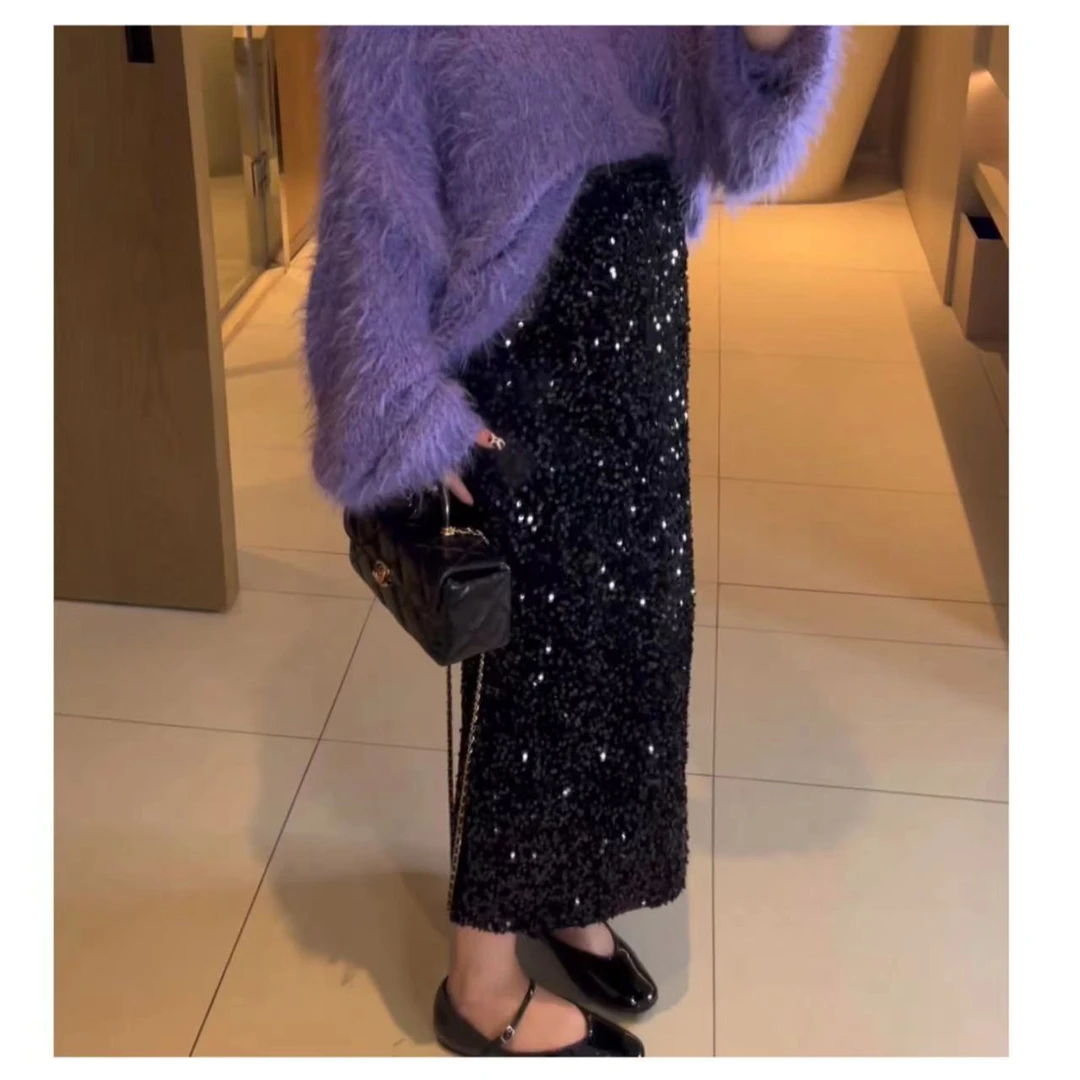 5999#（鎏金岁月）直筒后开叉亮片半裙