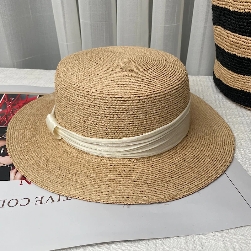 平顶平沿拉菲草极细手工编织小清新时尚户外百搭夏天春天