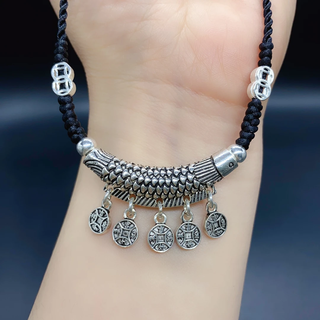 吊坠925银布艺 纯银弯管复古风流苏鱼项链女锁骨链气质百搭民族风