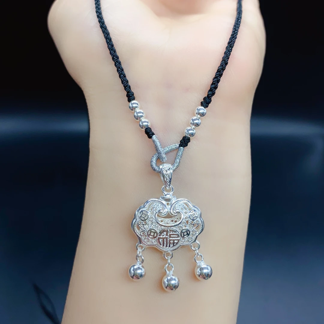 吊坠足银 足银999铃铛平安福锁项链锁骨链长命富贵锁编织黑绳原创