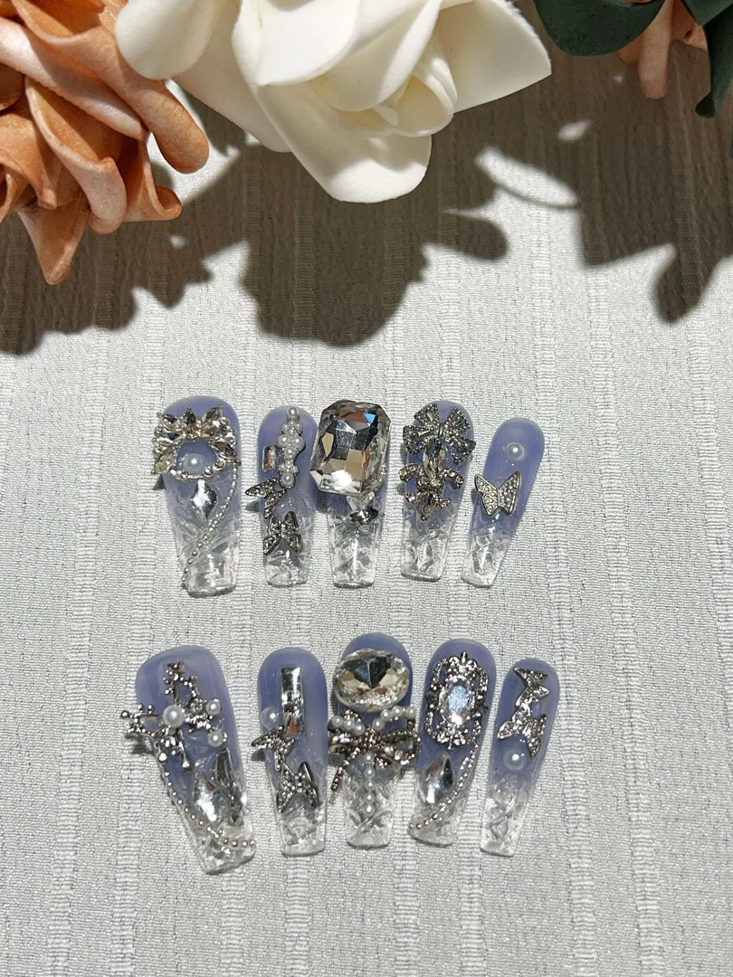 （粉、蓝、紫冰冰）纯手工锆石冰透夏季女神气质穿戴甲