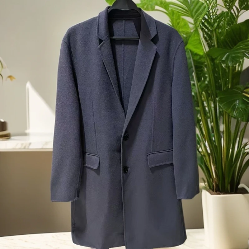 小二哥服饰   男士宝蓝色百搭纯色休闲时尚长大衣
