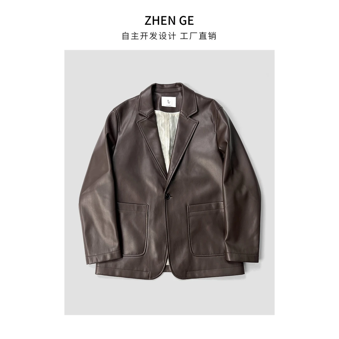 甄哥男装(秋季 PU皮 西服)时尚百搭韩版男士宽松休闲皮衣西装外套