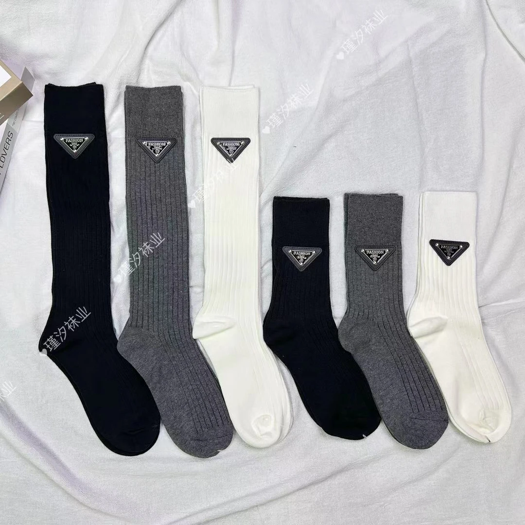 潮袜女 三角标抽条双针小腿袜小众设计感针织灰色中长筒女袜棉