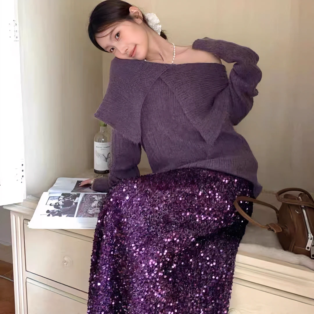 法式温柔风秋冬大翻领慵懒风毛衣针织衫亮片高腰显瘦半身裙长裙