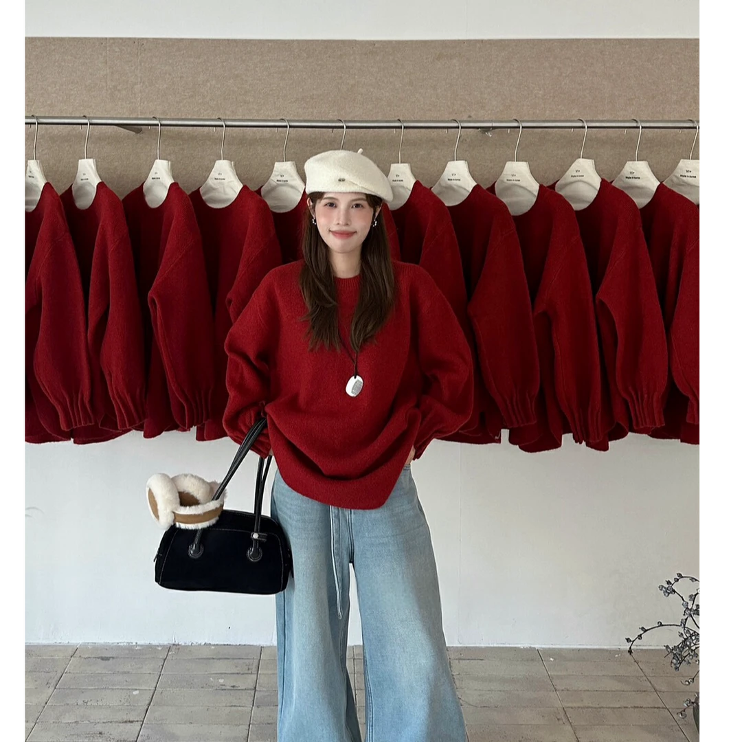 别致设计袖韩版百搭复古圆领套头长袖毛衣韩版加绒直筒阔腿牛仔裤